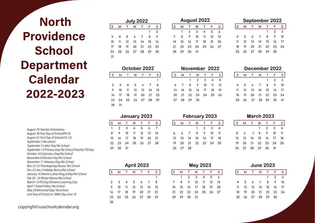 North Providence School Department Calendar 2022-2023 2