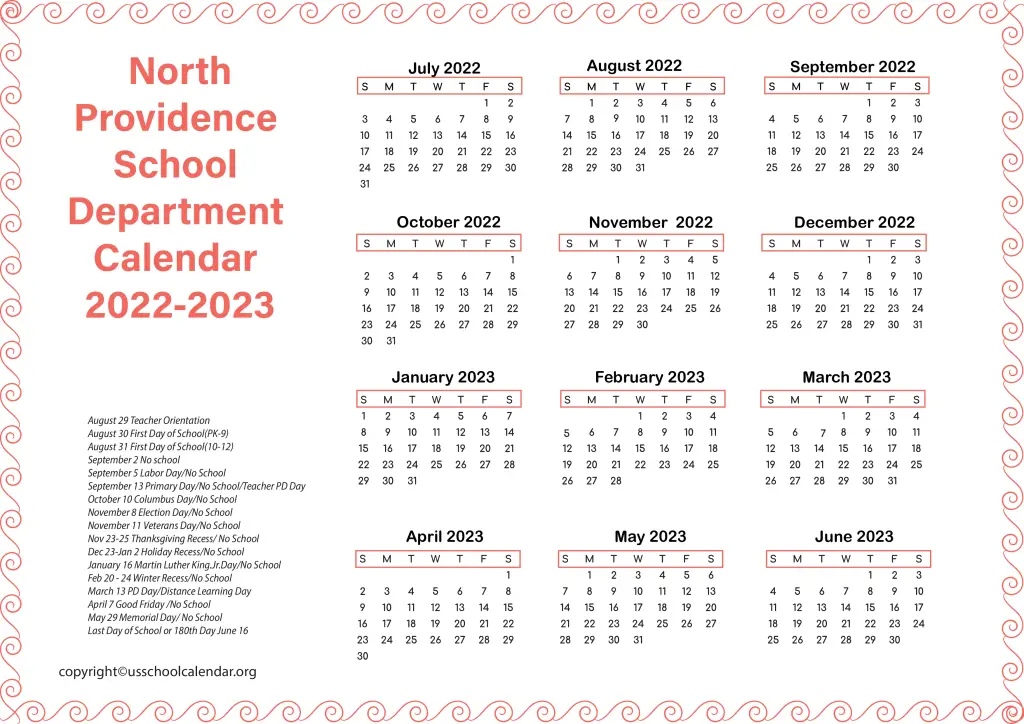 North Providence School Department Calendar 2022-2023 3