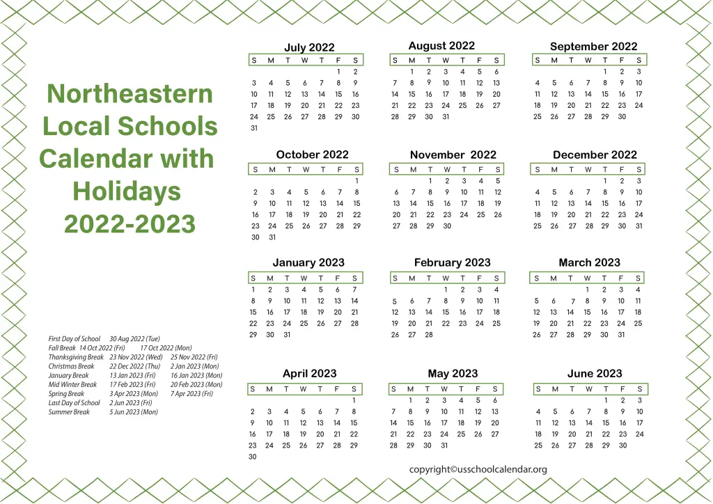 Northeastern Local Schools Calendar with Holidays 2022-2023
