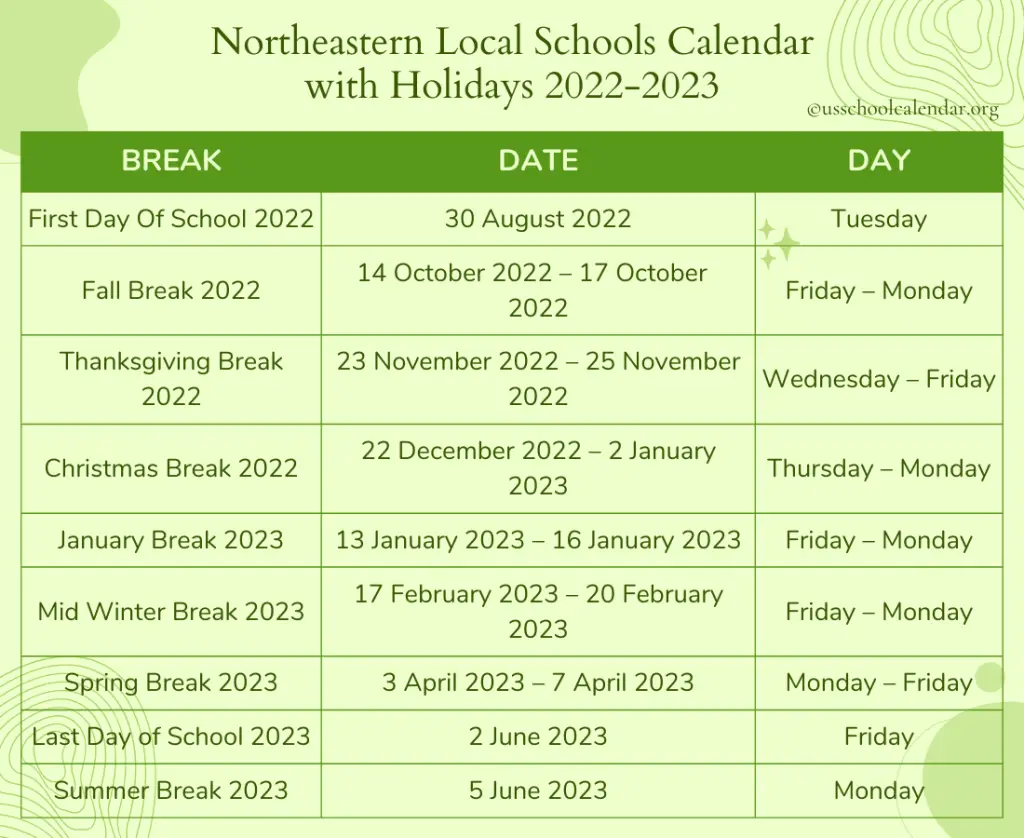 Northeastern Local Schools Calendar with Holidays 2022-2023