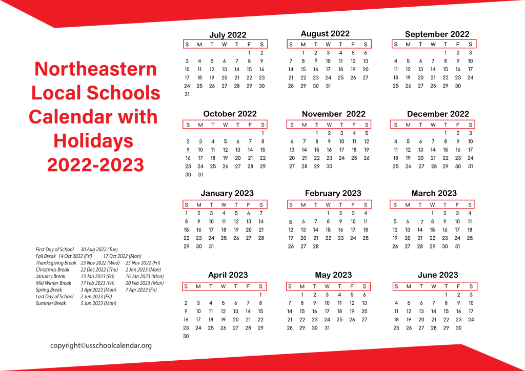 Northeastern Local Schools Calendar with Holidays 2022-2023 2