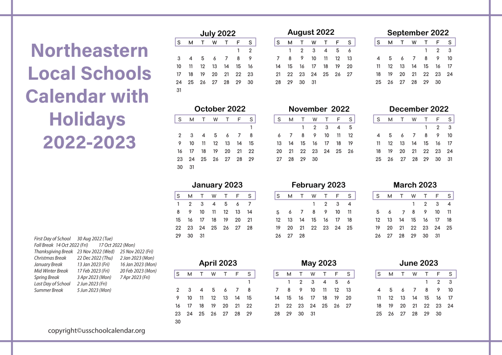 Northeastern Local Schools Calendar with Holidays 2022-2023 3