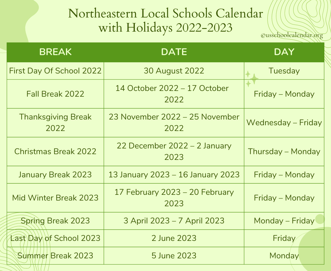 [NELSD] Northeastern Local Schools Calendar Holidays 2023