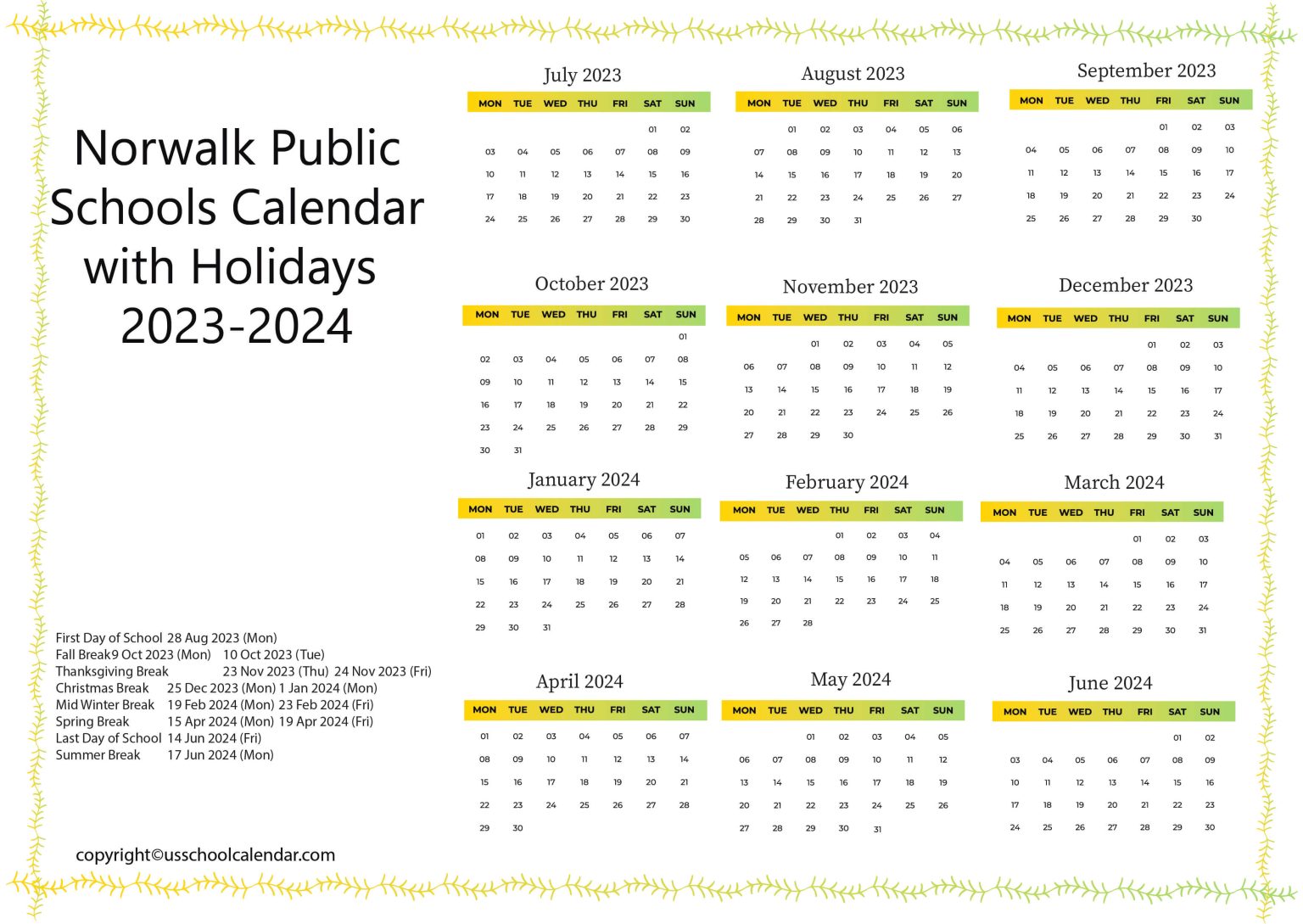 Norwalk Public Schools Calendar with Holidays 20232024