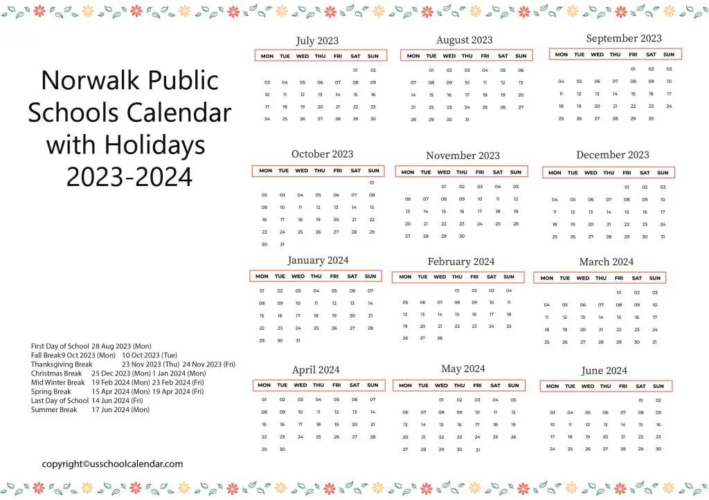 Norwalk Public Schools Holiday Calendar