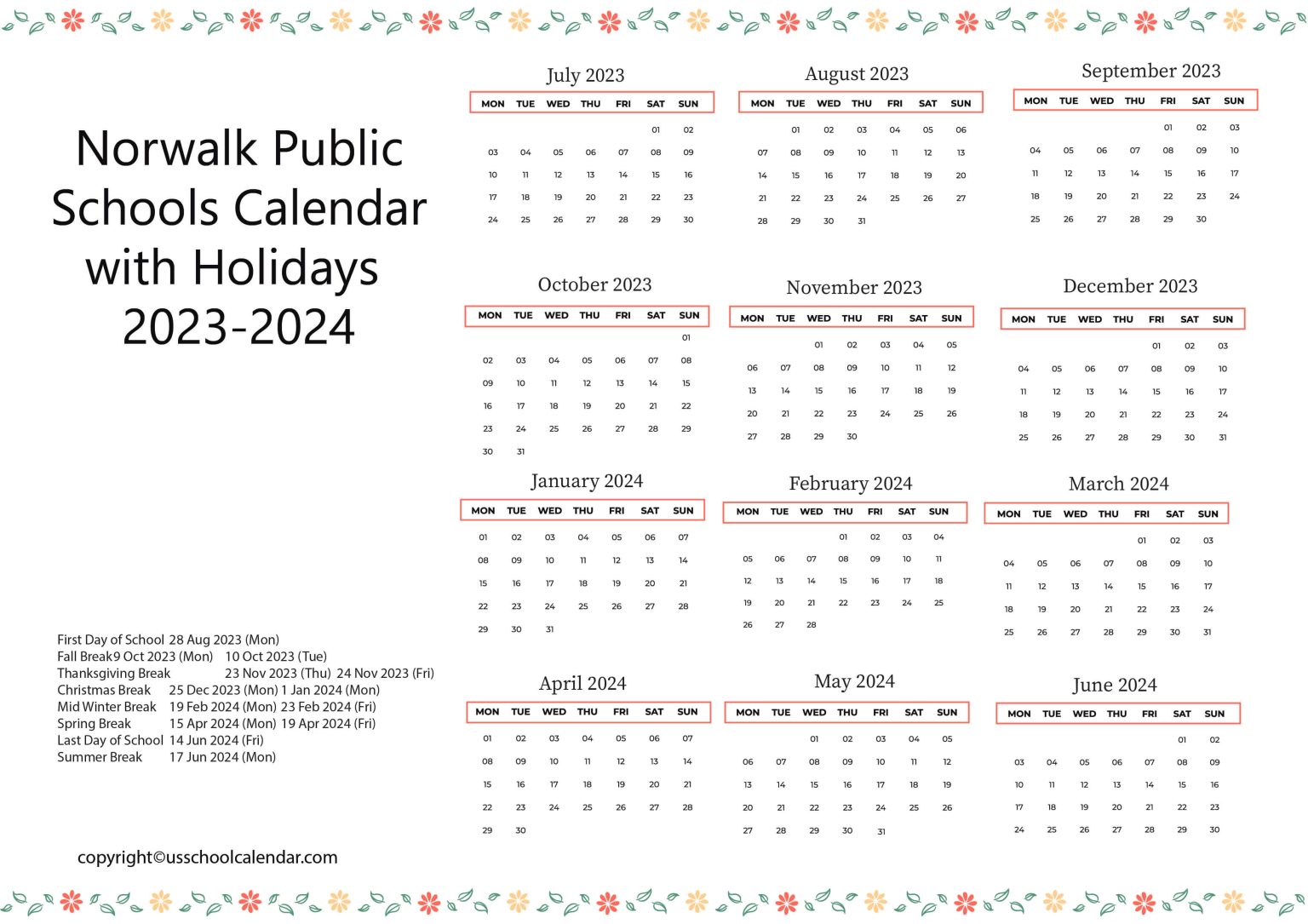 Norwalk Public Schools Calendar with Holidays 20232024