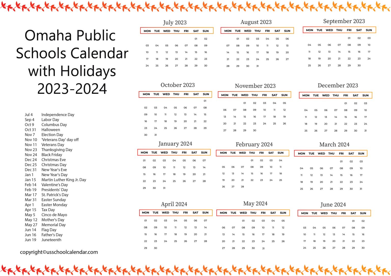 Omaha Public Schools Calendar with Holidays 20232024