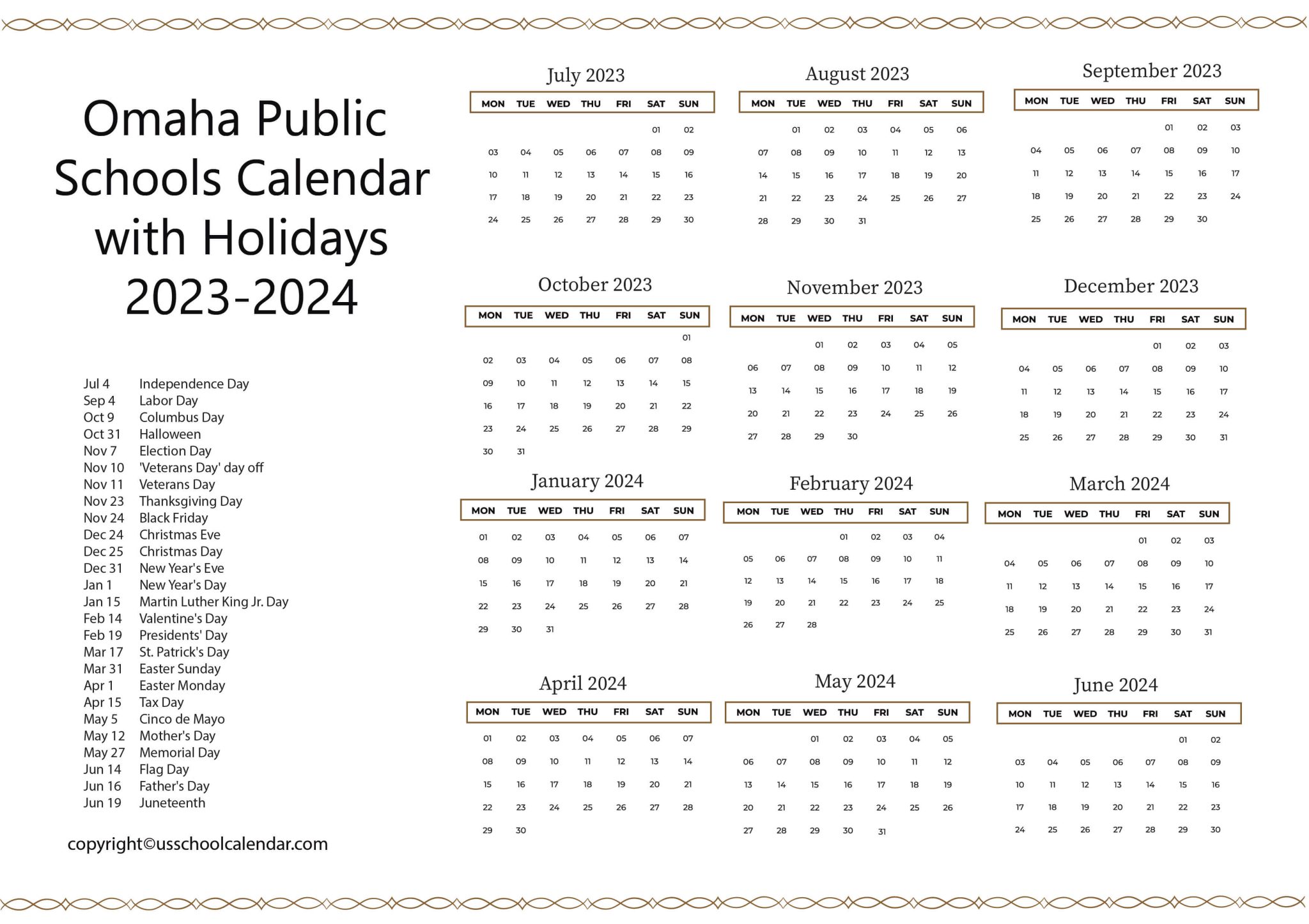 Omaha Public Schools Calendar with Holidays 20232024