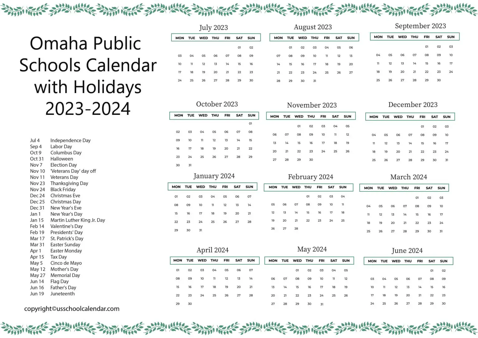 Omaha Public Schools Calendar with Holidays 20232024