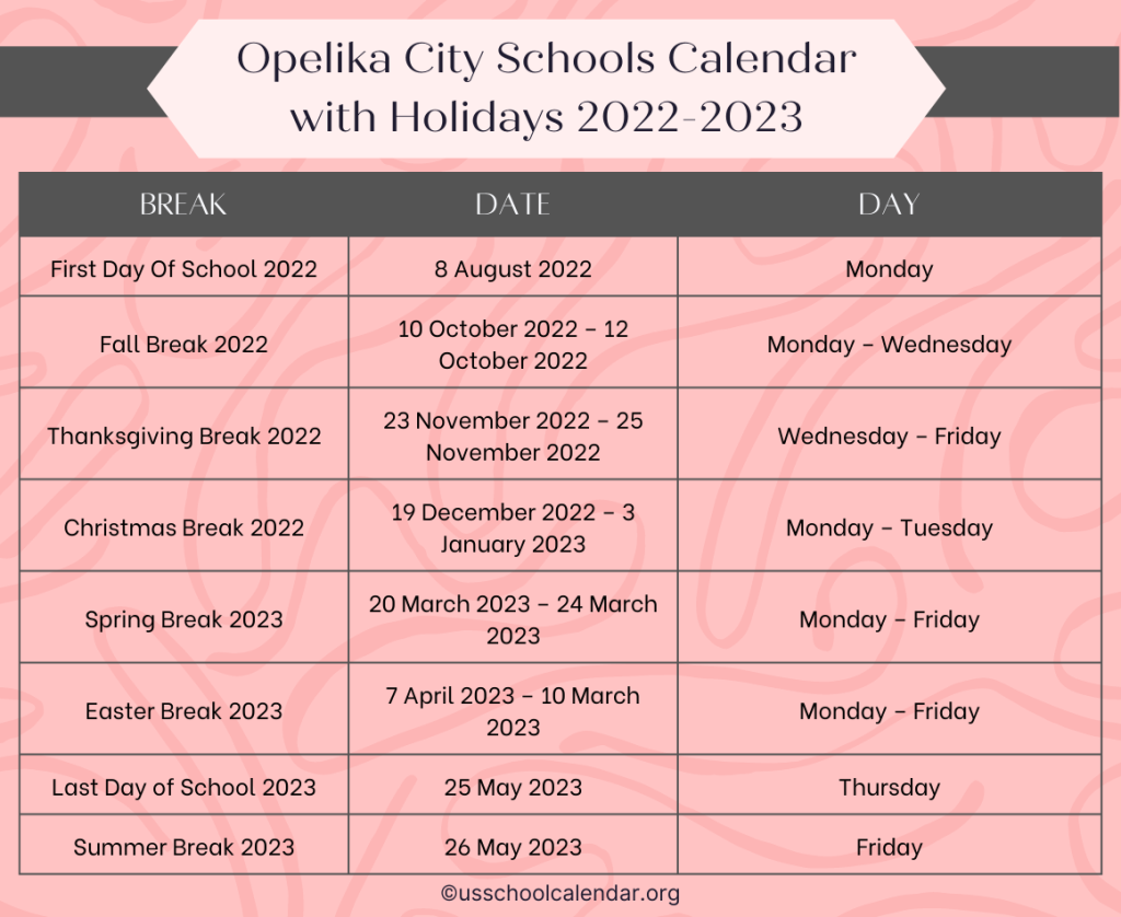 Opelika City Schools Calendar with Holidays 2022-2023