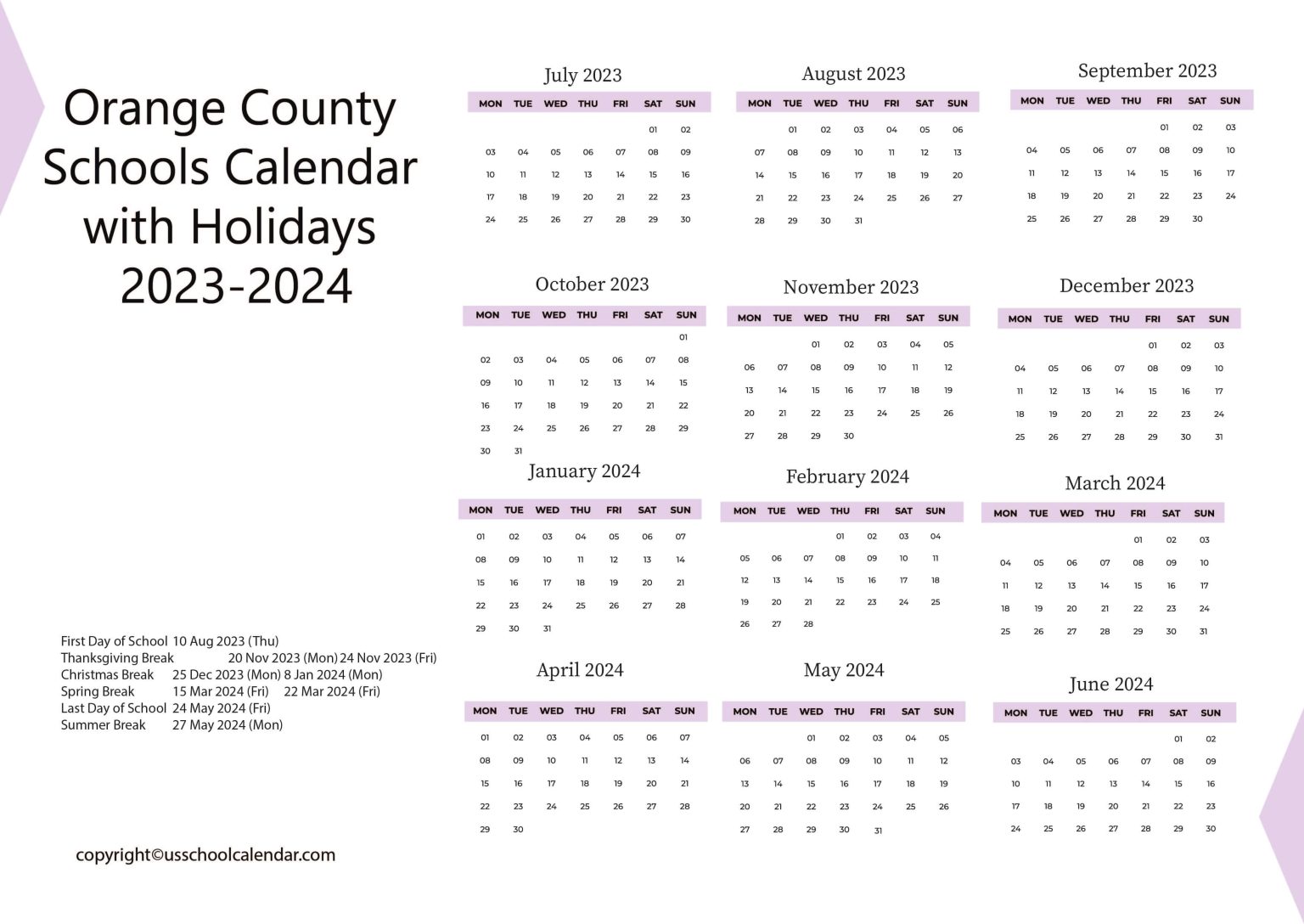 Orange County Schools Calendar with Holidays 20232024