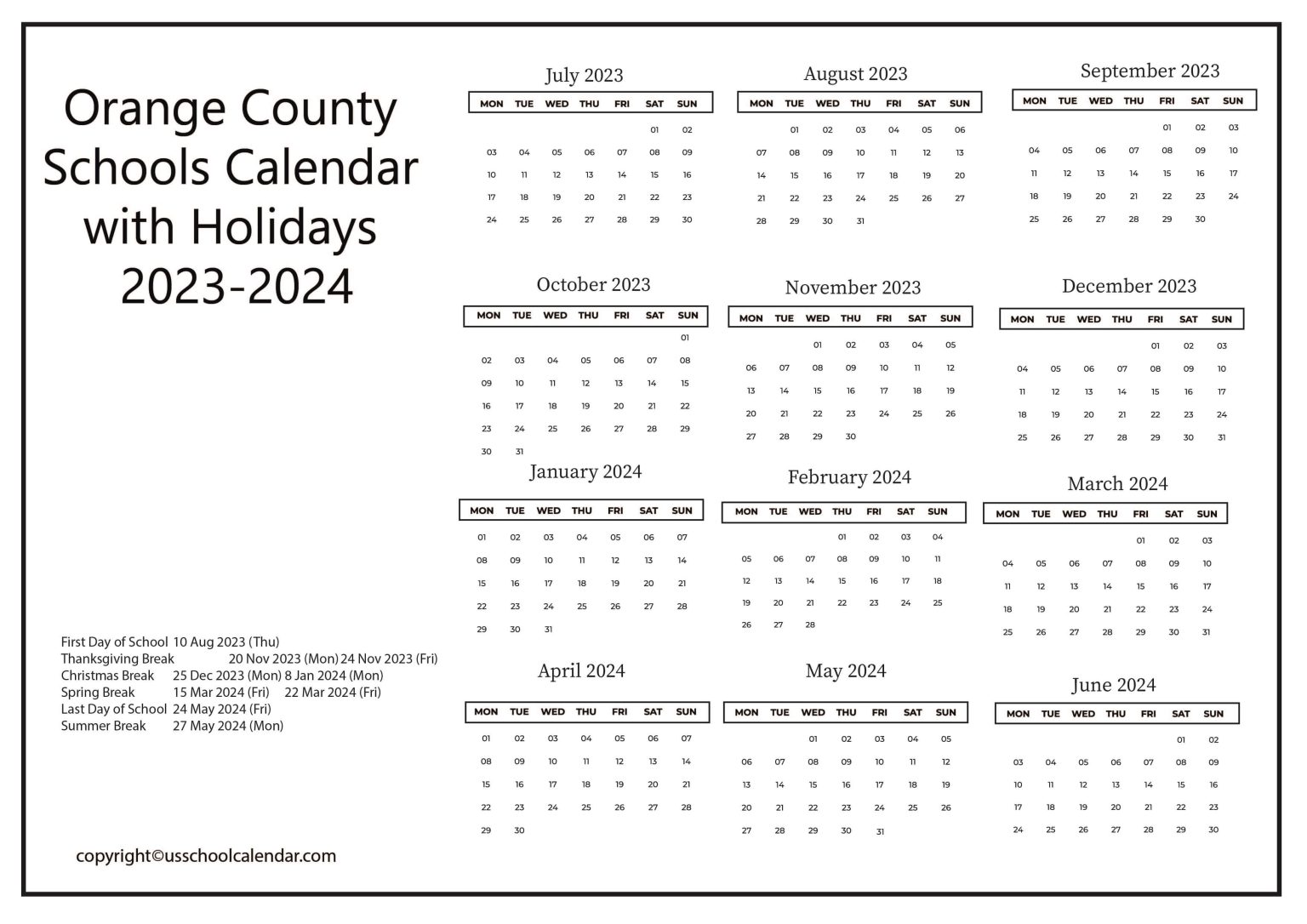 Orange County Schools Calendar with Holidays 20232024