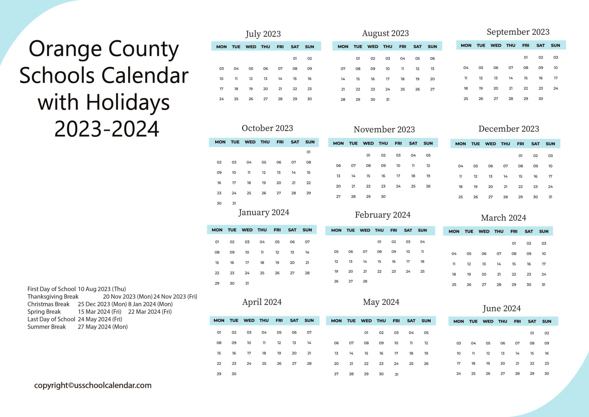 Orange County Schools Calendar - US School Calendar