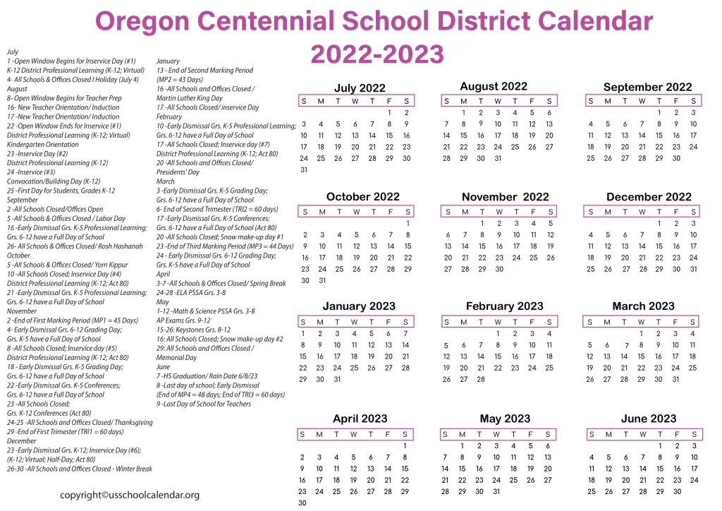Oregon Centennial School District Calendar 2022-2023