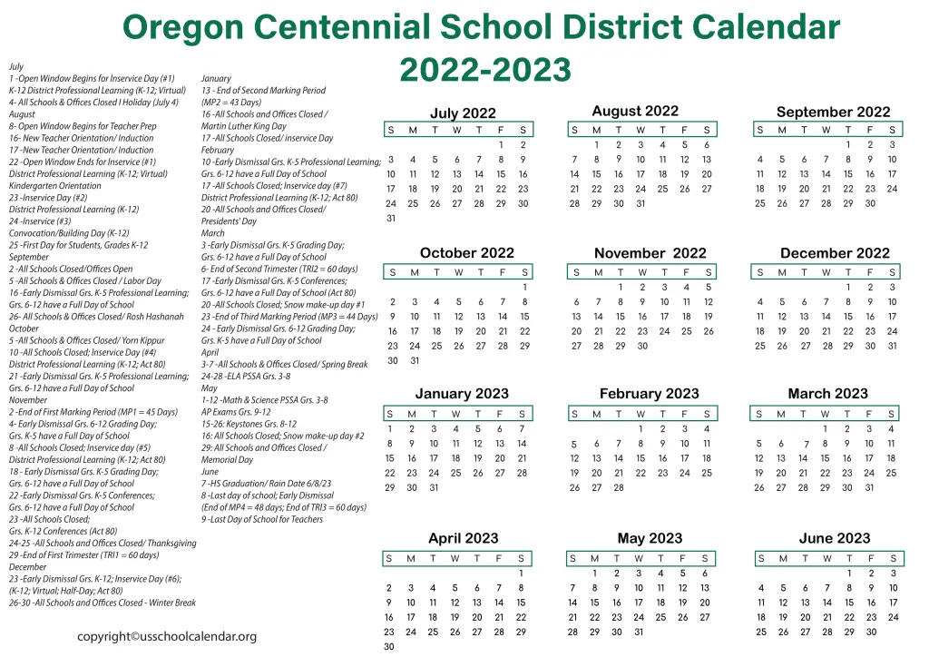 Oregon Centennial School District Calendar 2022-2023 2