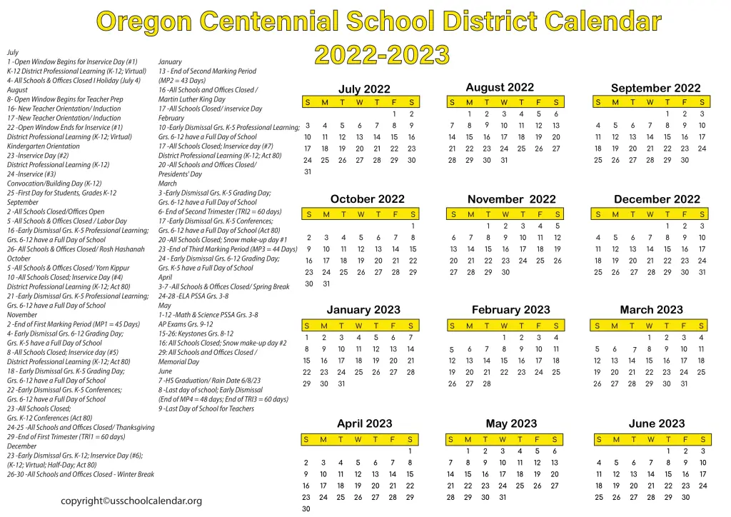 Oregon Centennial School District Calendar 2022-2023 3