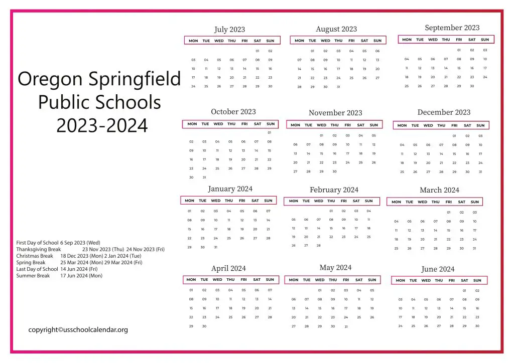 Oregon Springfield Public Schools Calendar