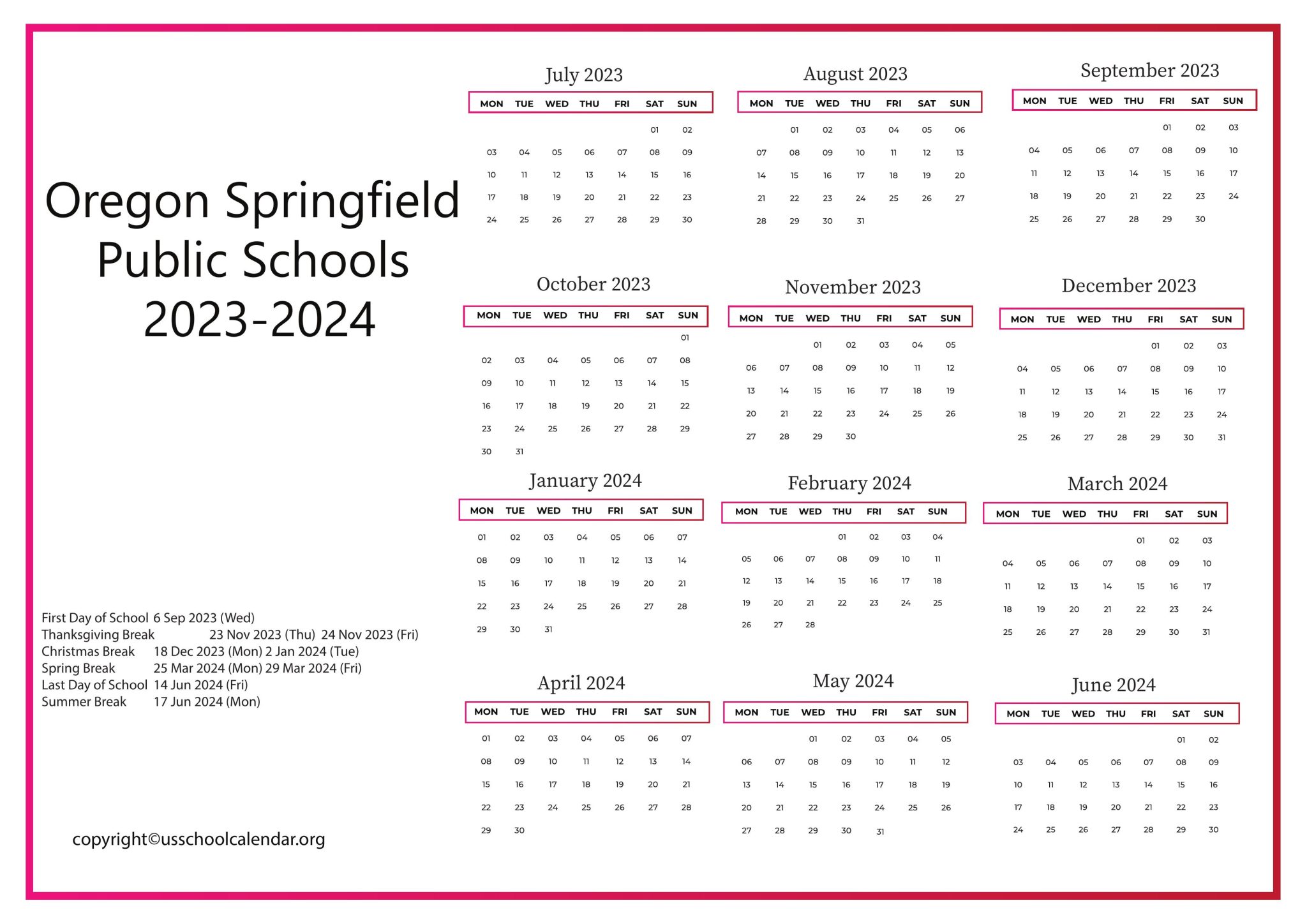 Oregon Springfield Public Schools Calendar 20232024