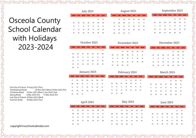 Osceola County School Calendar with Holidays 20232024