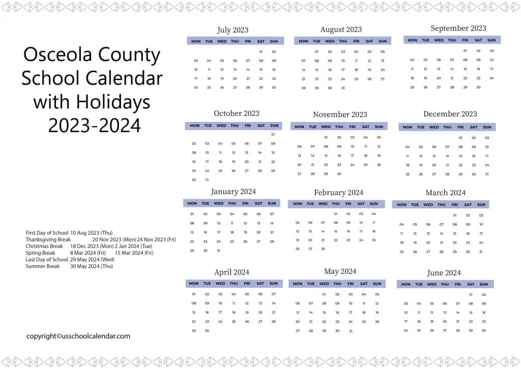 Osceola Schools Calendar