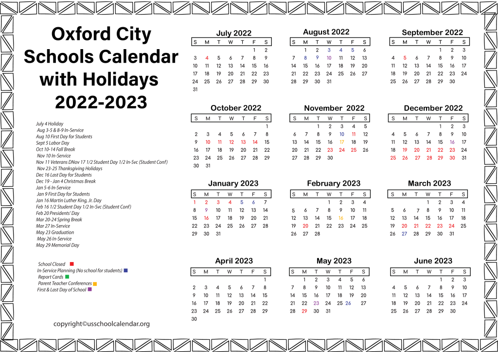 Oxford City Schools Calendar with Holidays 2022-2023