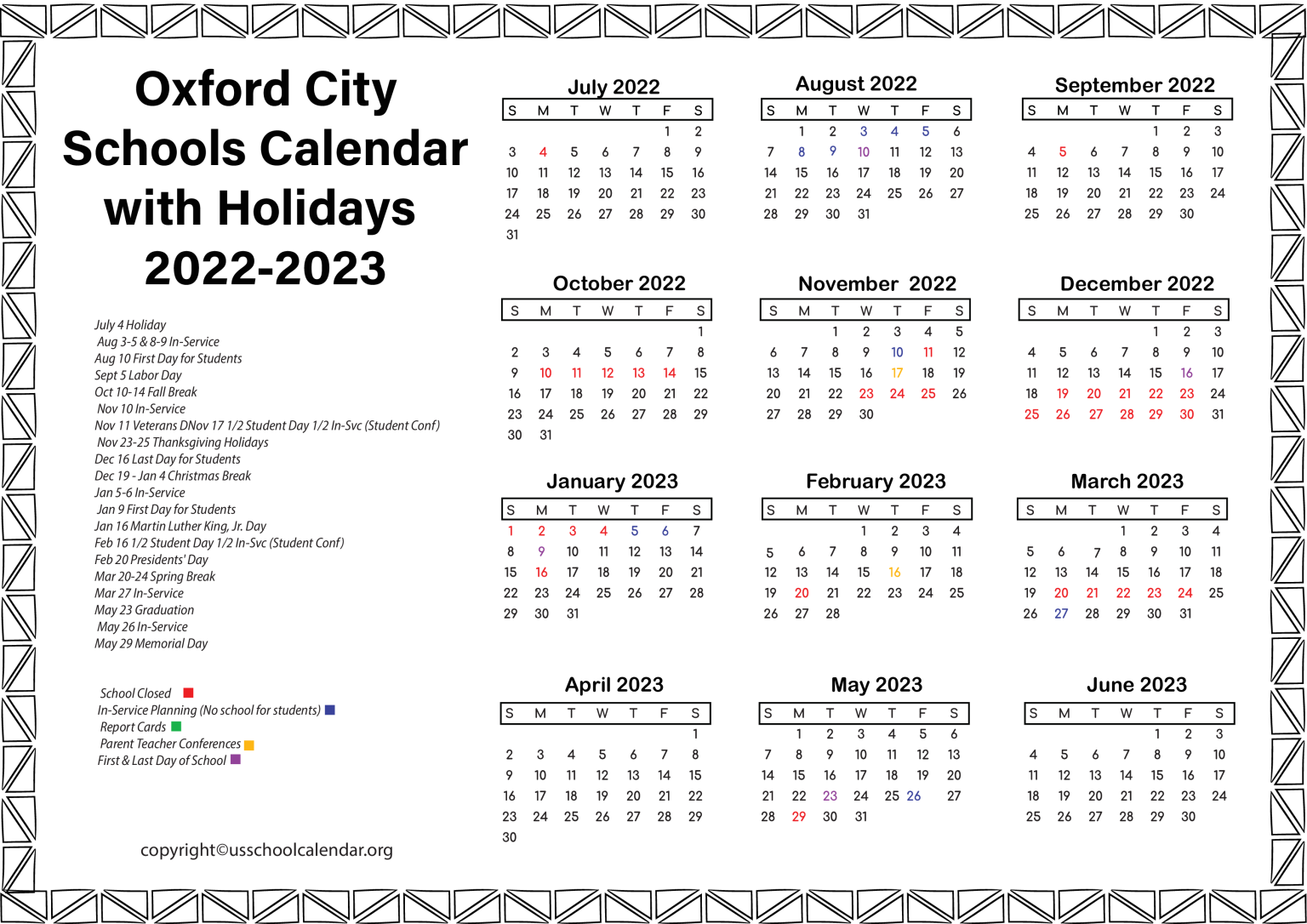Oxford City Schools Calendar with Holidays 2023