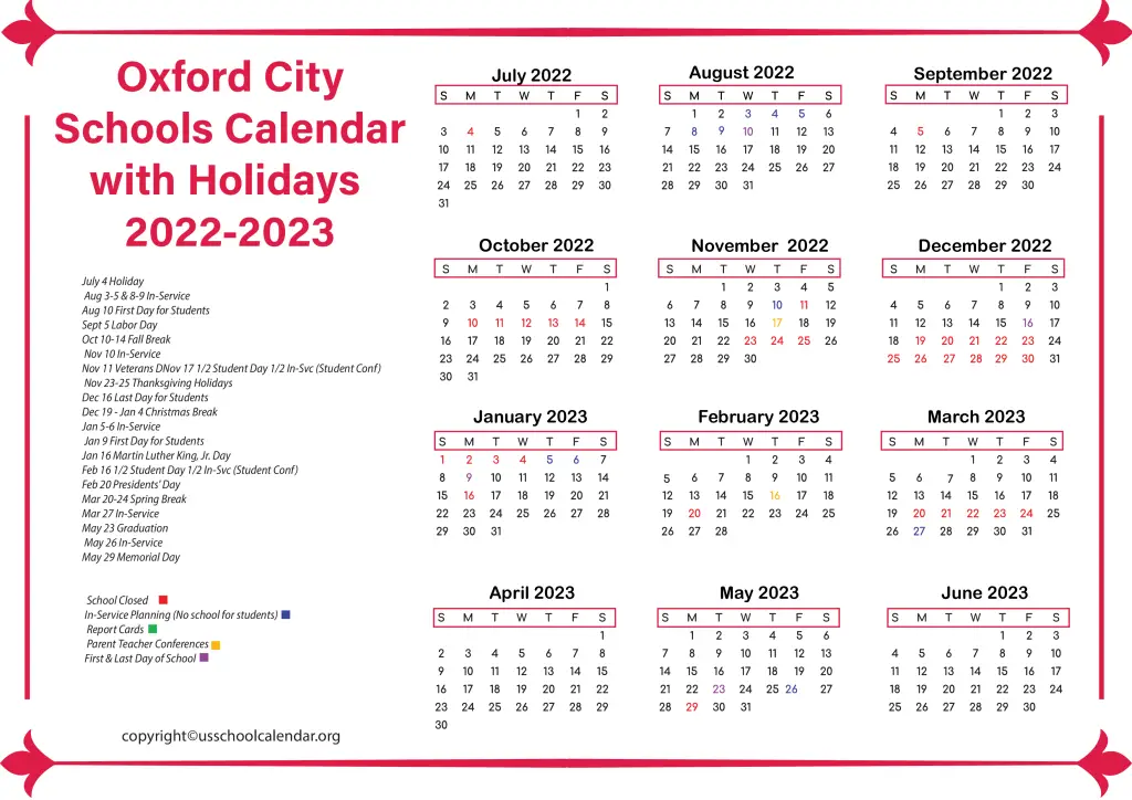 Oxford City Schools Calendar with Holidays 2022-2023 2