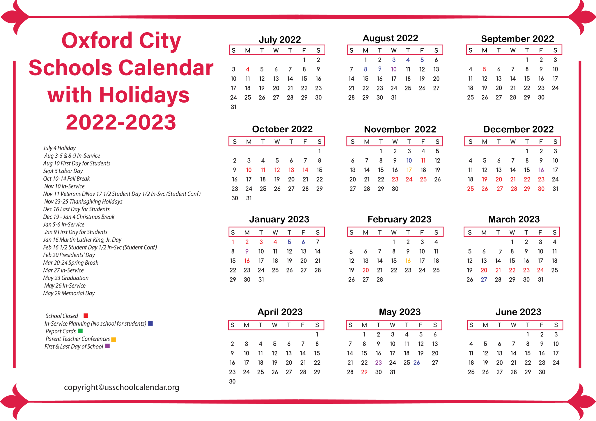 Oxford City Schools Calendar with Holidays 2023