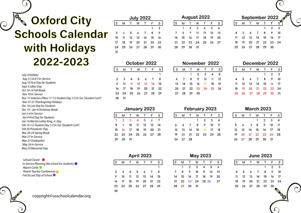 Oxford City Schools Calendar with Holidays 2022-2023 3
