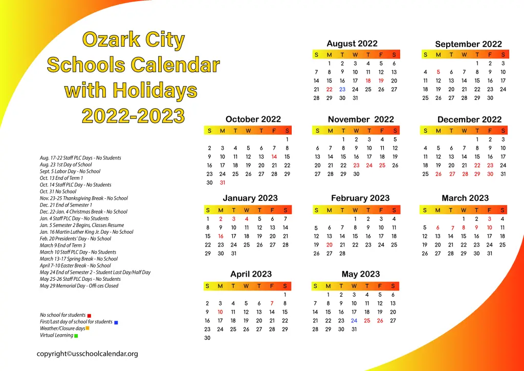 Ozark City Schools Calendar with Holidays 2022-2023