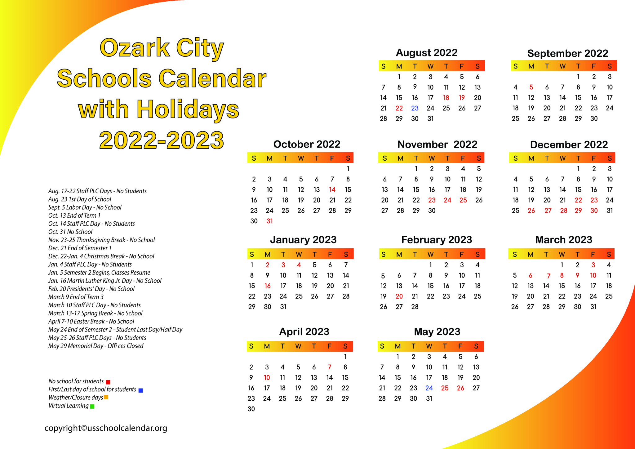 Ozark City Schools Calendar with Holidays 2023