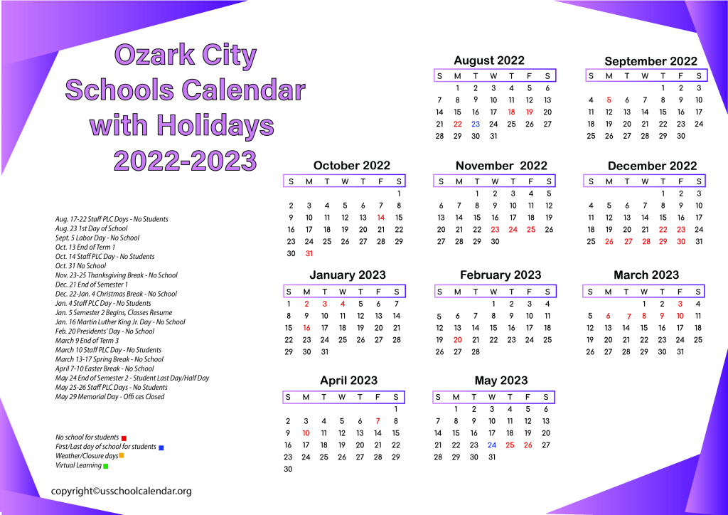 Ozark City Schools Calendar with Holidays 2022-2023 2
