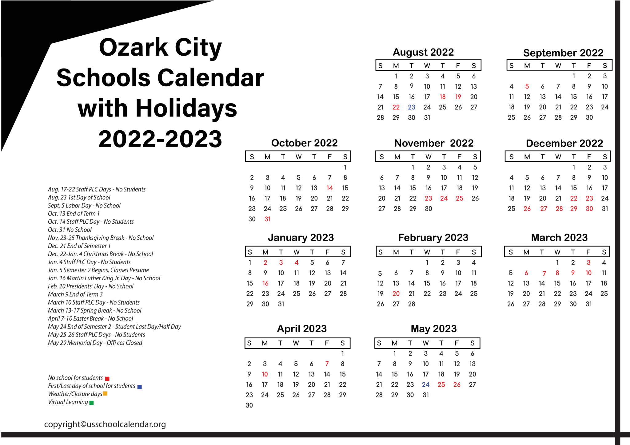 Ozark City Schools Calendar with Holidays 2023