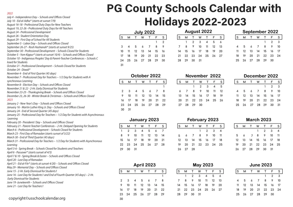 PG County Schools Calendar with Holidays 2022-2023