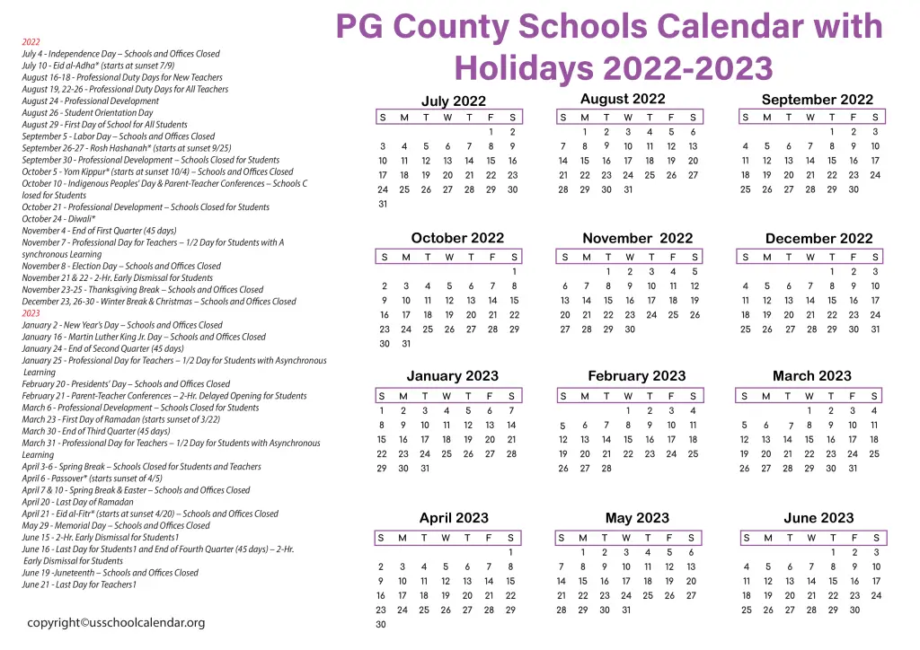 PG County Schools Calendar with Holidays 2022-2023 3