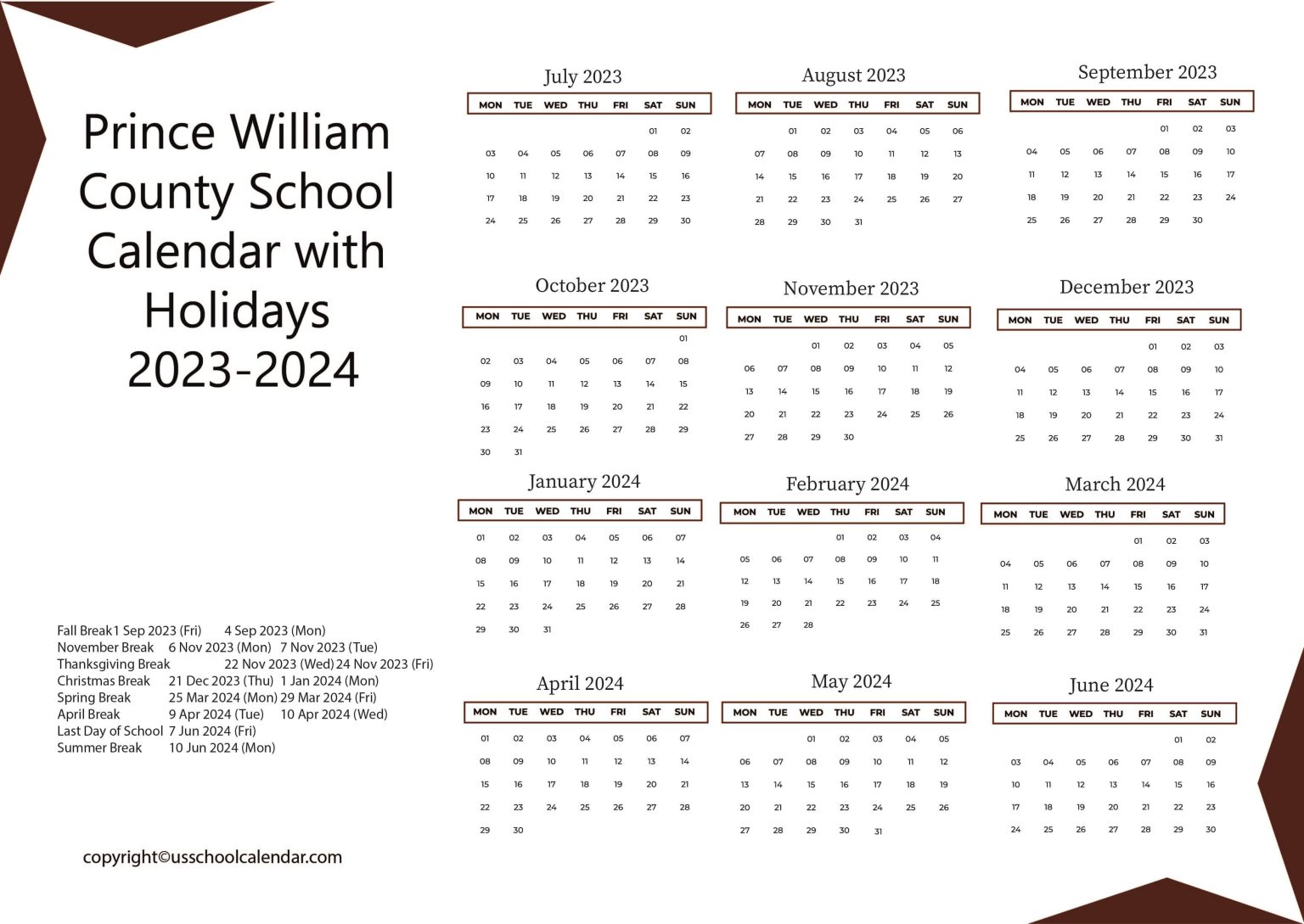 Prince William County School Calendar with Holidays 20232024