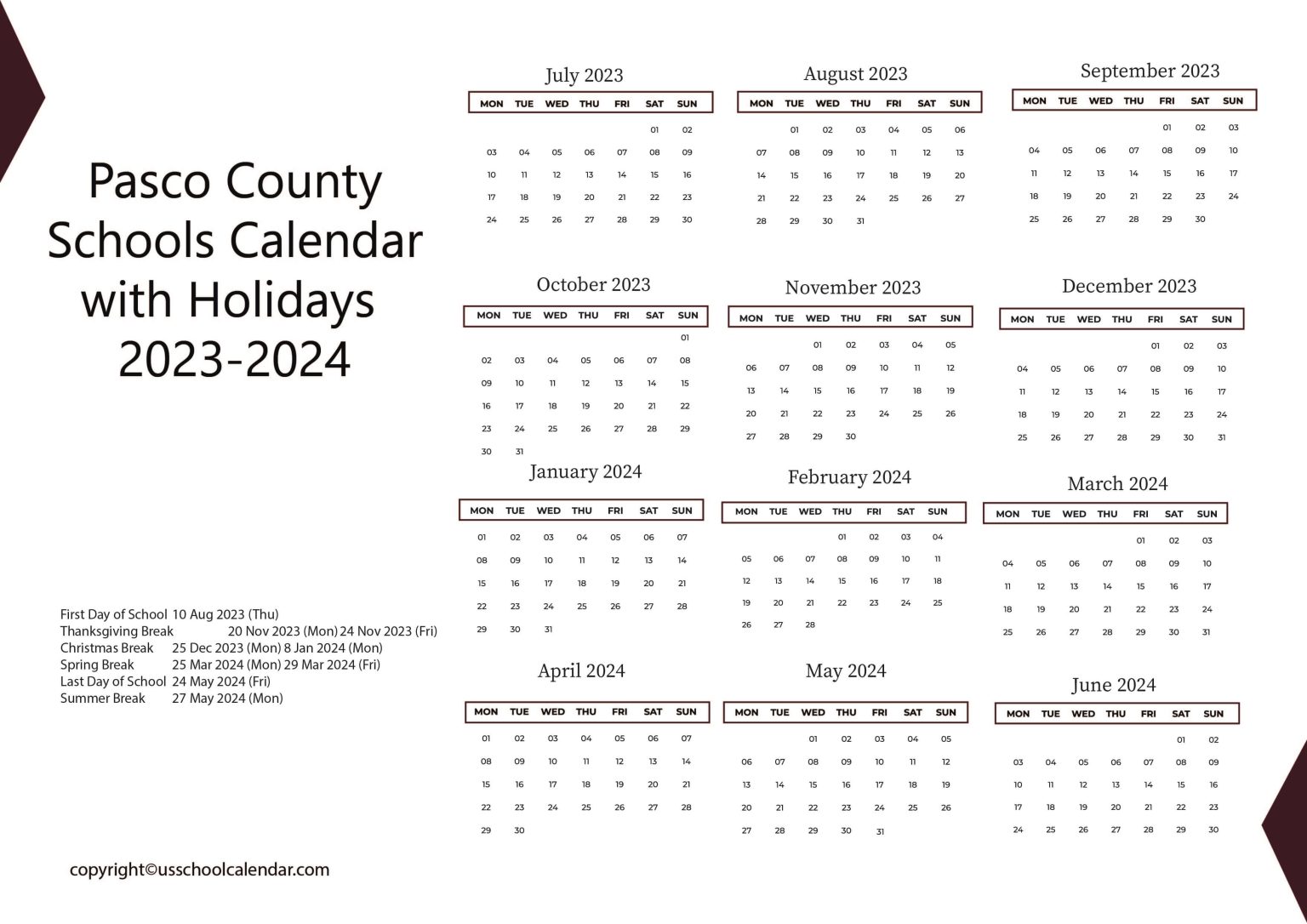 Pasco County Schools Calendar with Holidays 2023 2024