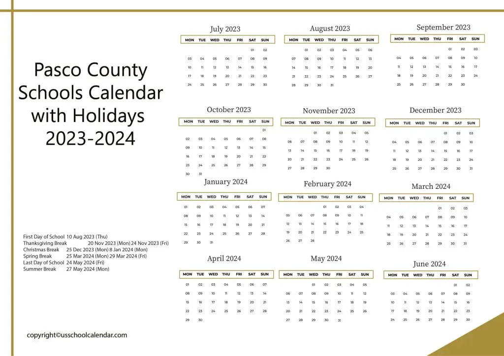 Pasco County Schools District Calendar