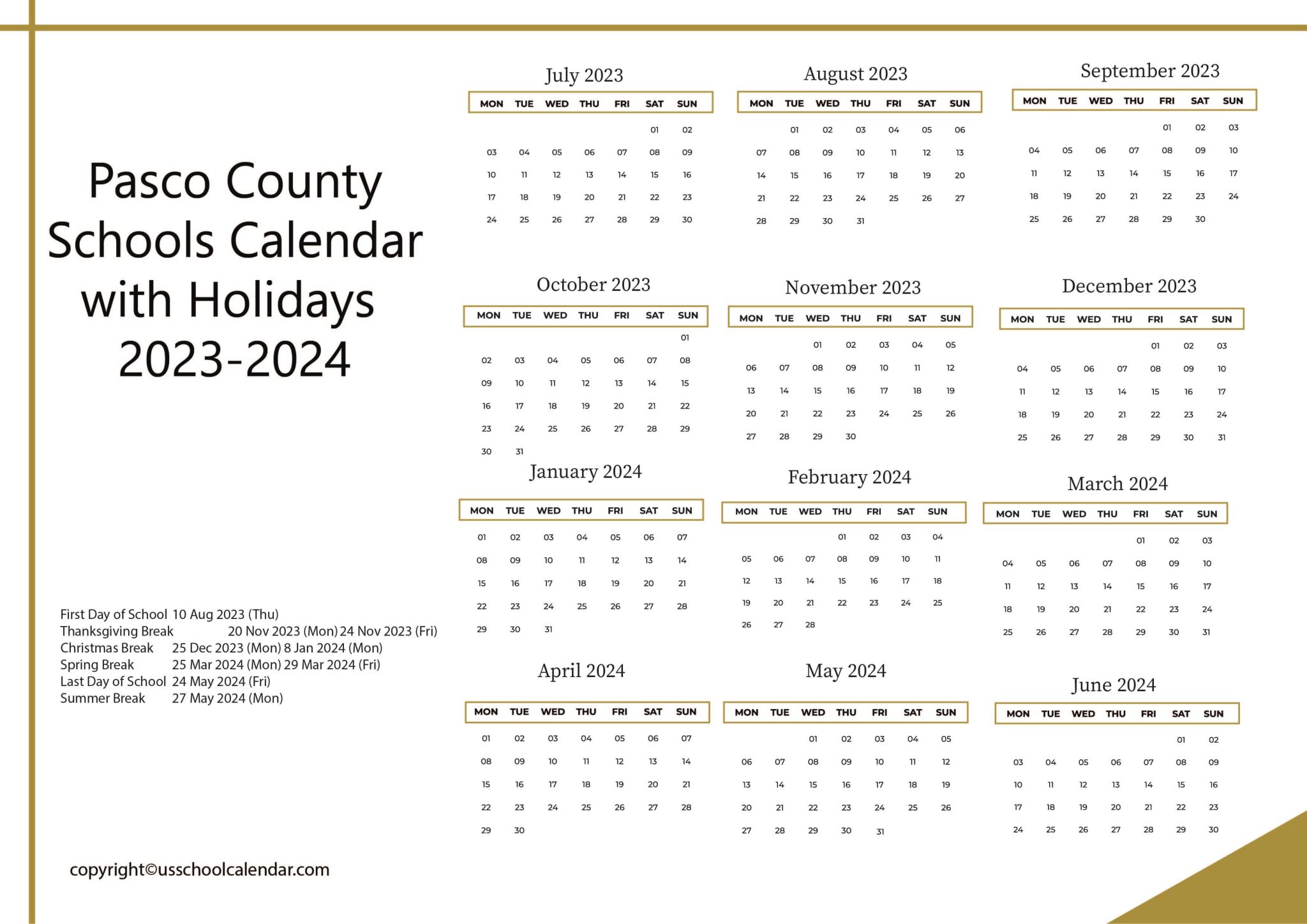 Pasco County Schools Calendar with Holidays 20232024