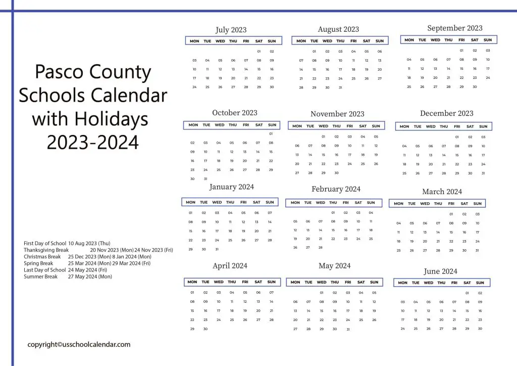 Pasco County Schools Holiday Calendar