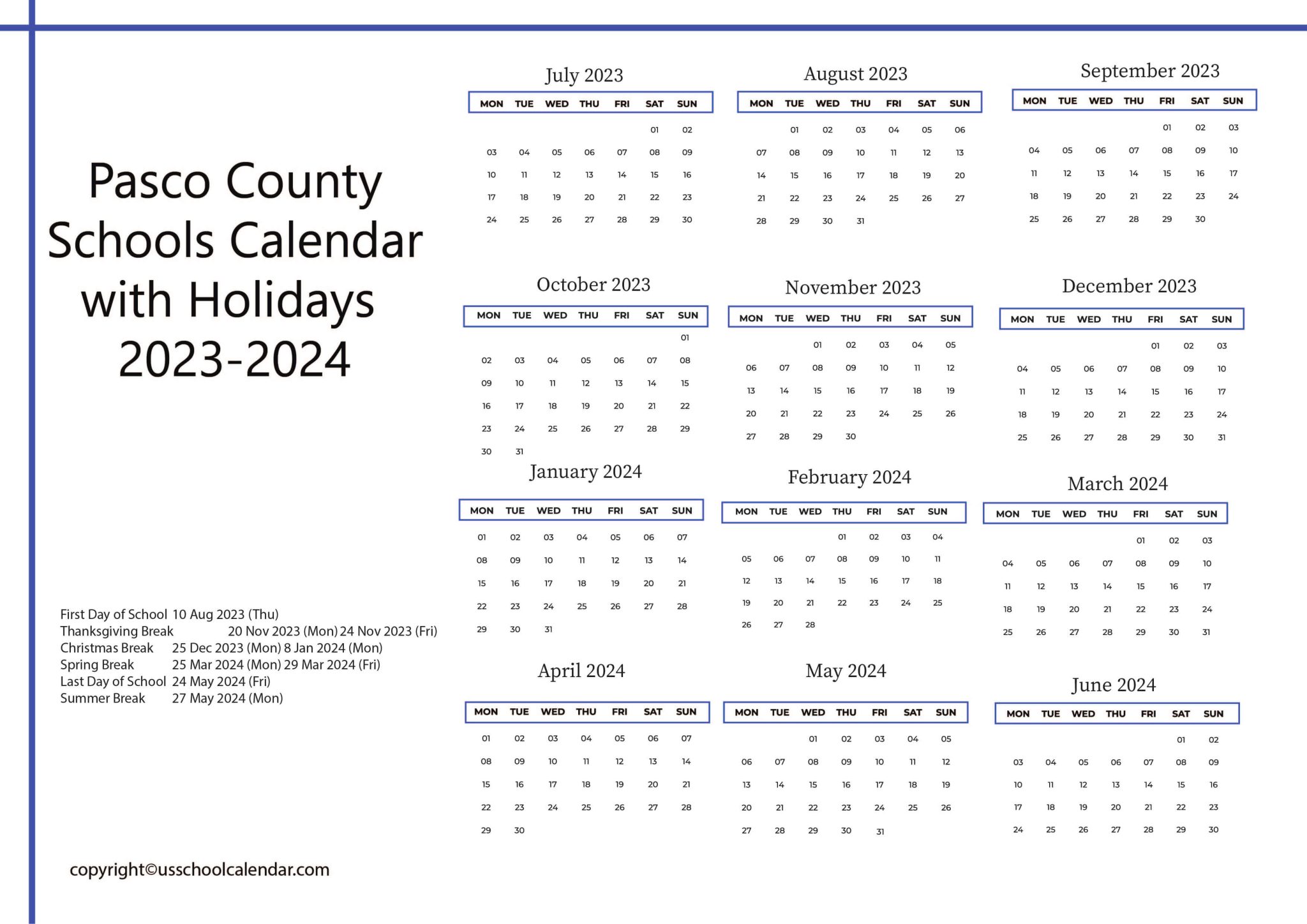 Pasco County Schools Calendar with Holidays 20232024