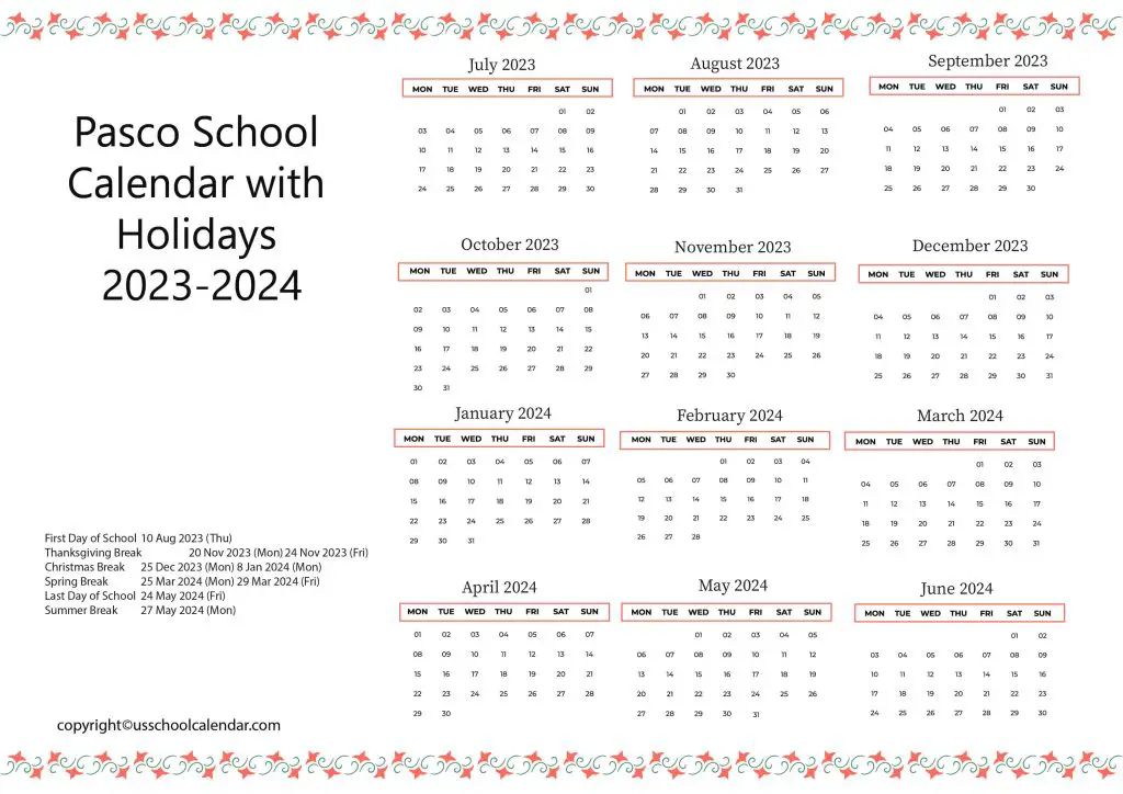 Pasco School Holiday Calendar