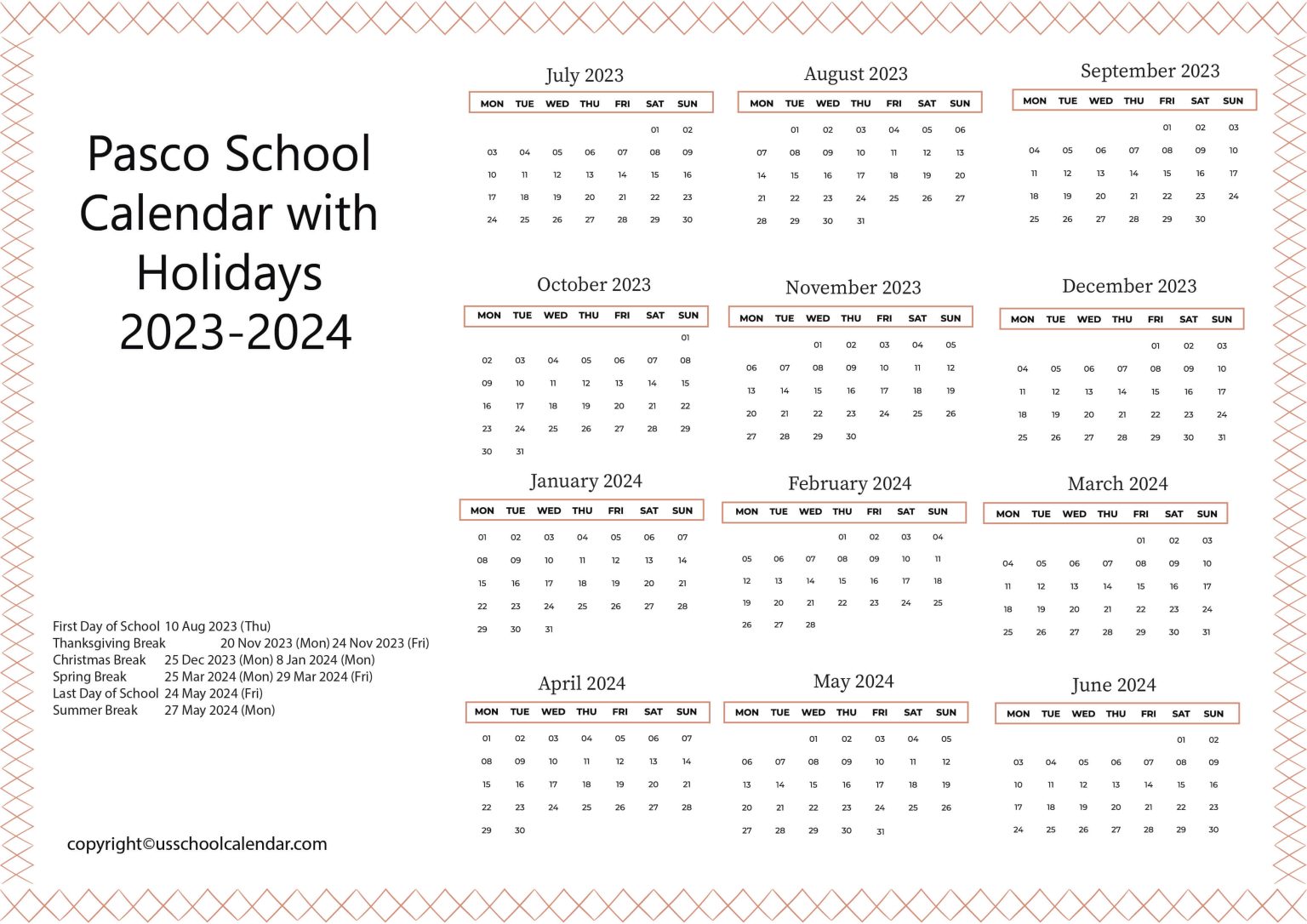 Pasco School Calendar with Holidays 20232024