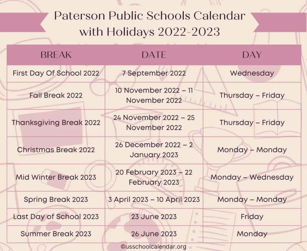 Paterson Public Schools Calendar with Holidays 2022-2023