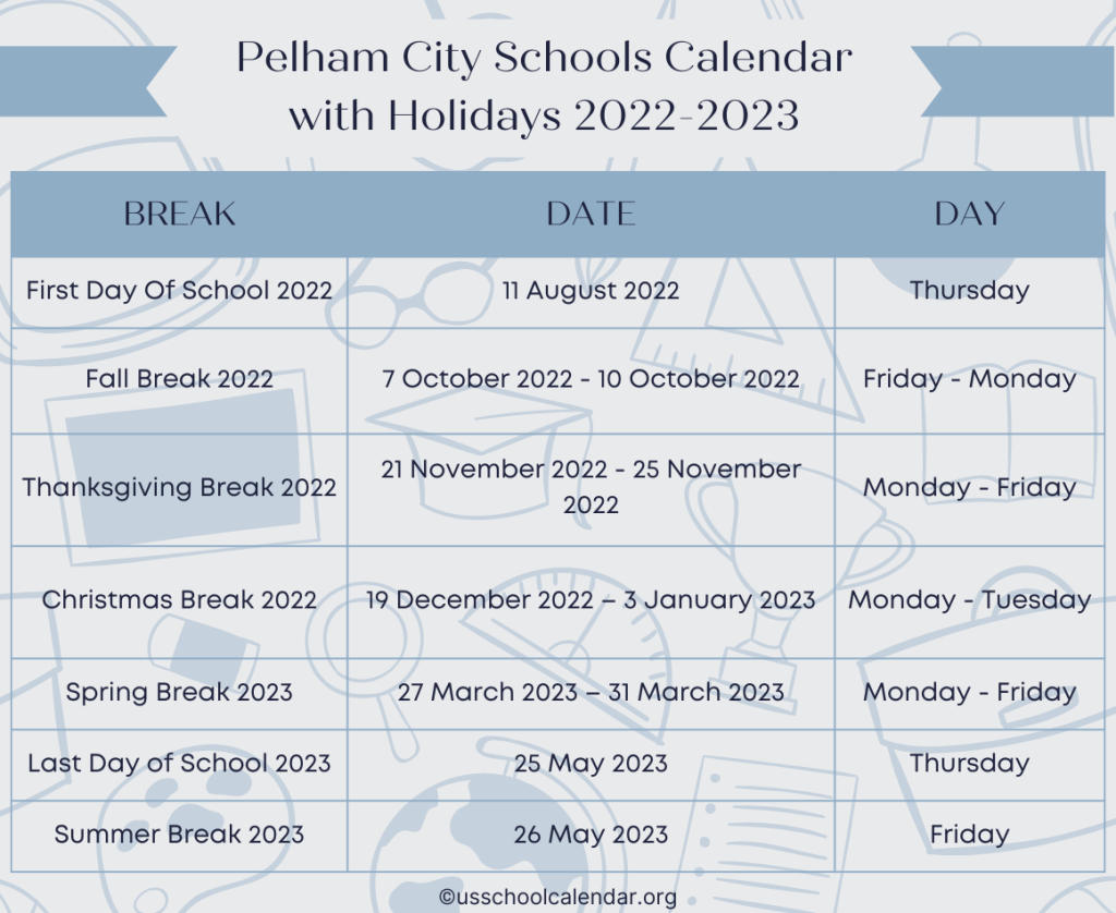Pelham City Schools Calendar with Holidays 2022-2023