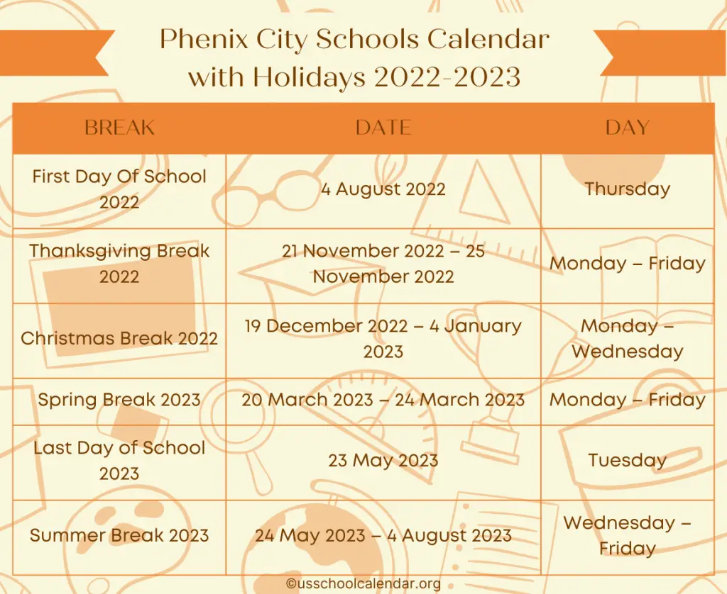 Phenix City Schools Calendar with Holidays 2022-2023