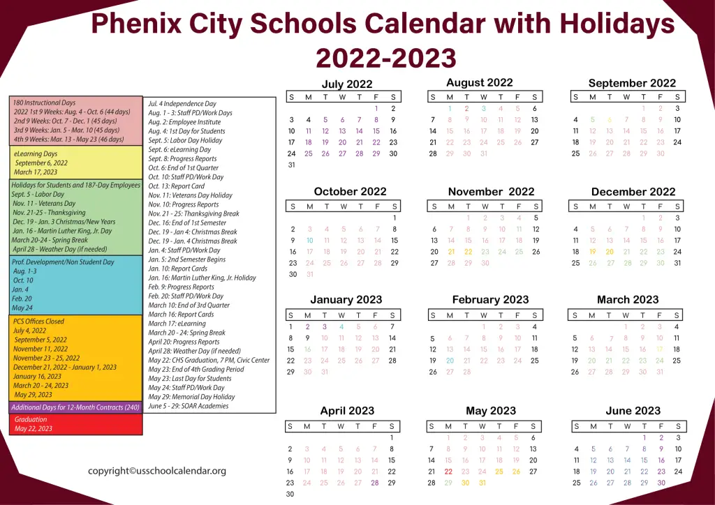 Phenix City Schools Calendar with Holidays 2022-2023 2-1