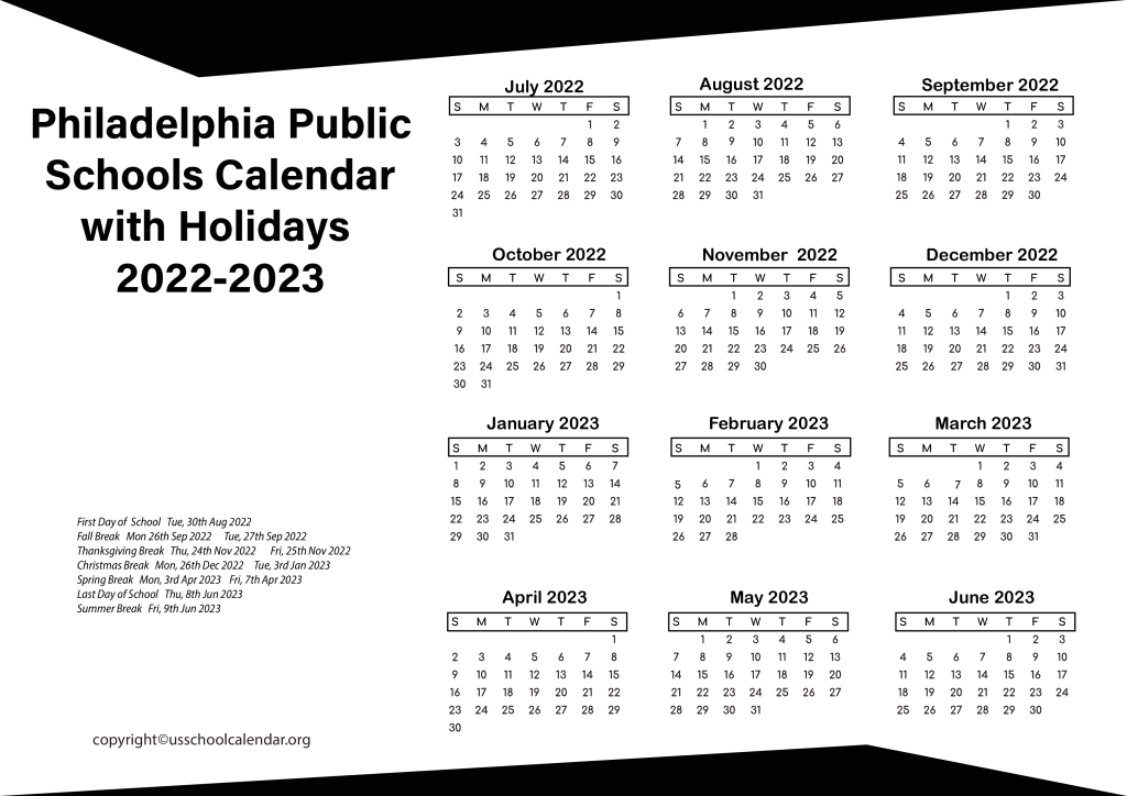 Philadelphia Public Schools Calendar with Holidays 2022-2023