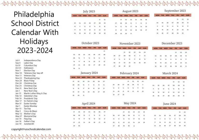 Philadelphia School District Calendar With Holidays 20232024