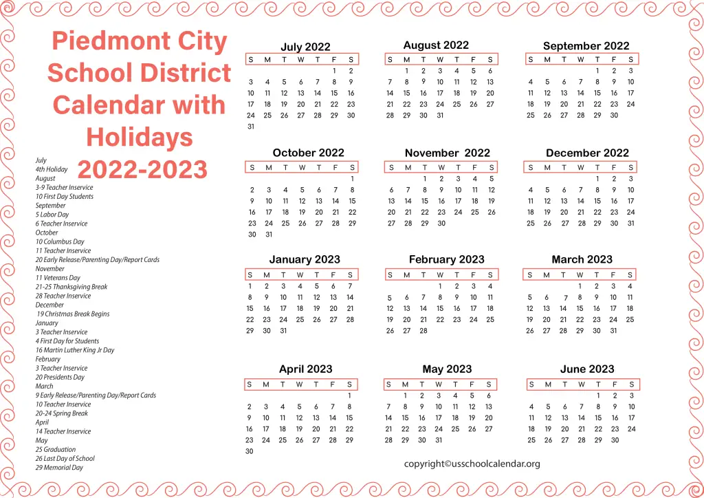 Piedmont City School District Calendar with Holidays 2022-2023